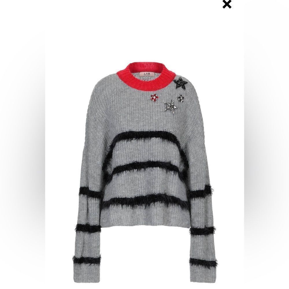 Gray and Black Striped Sweater with Red Collar